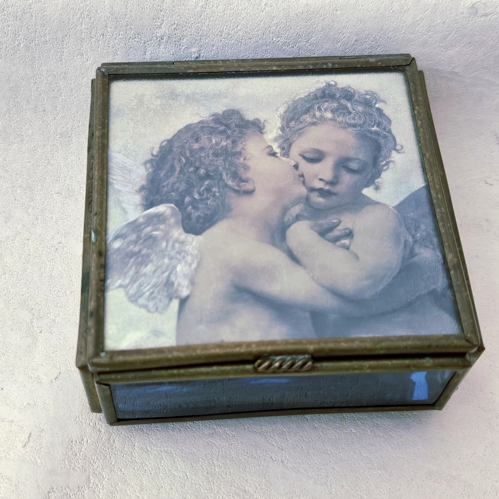 VTG Enesco Corp Mexico Stained Glass & Brass Trinket Jewelry Box Reflective